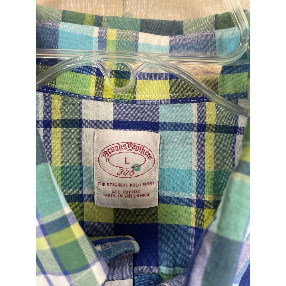 Brooks Brothers 346 Men’s L Cotton Short Sleeve Shirt Blue Green Plaid Pocket - Picture 3 of 8